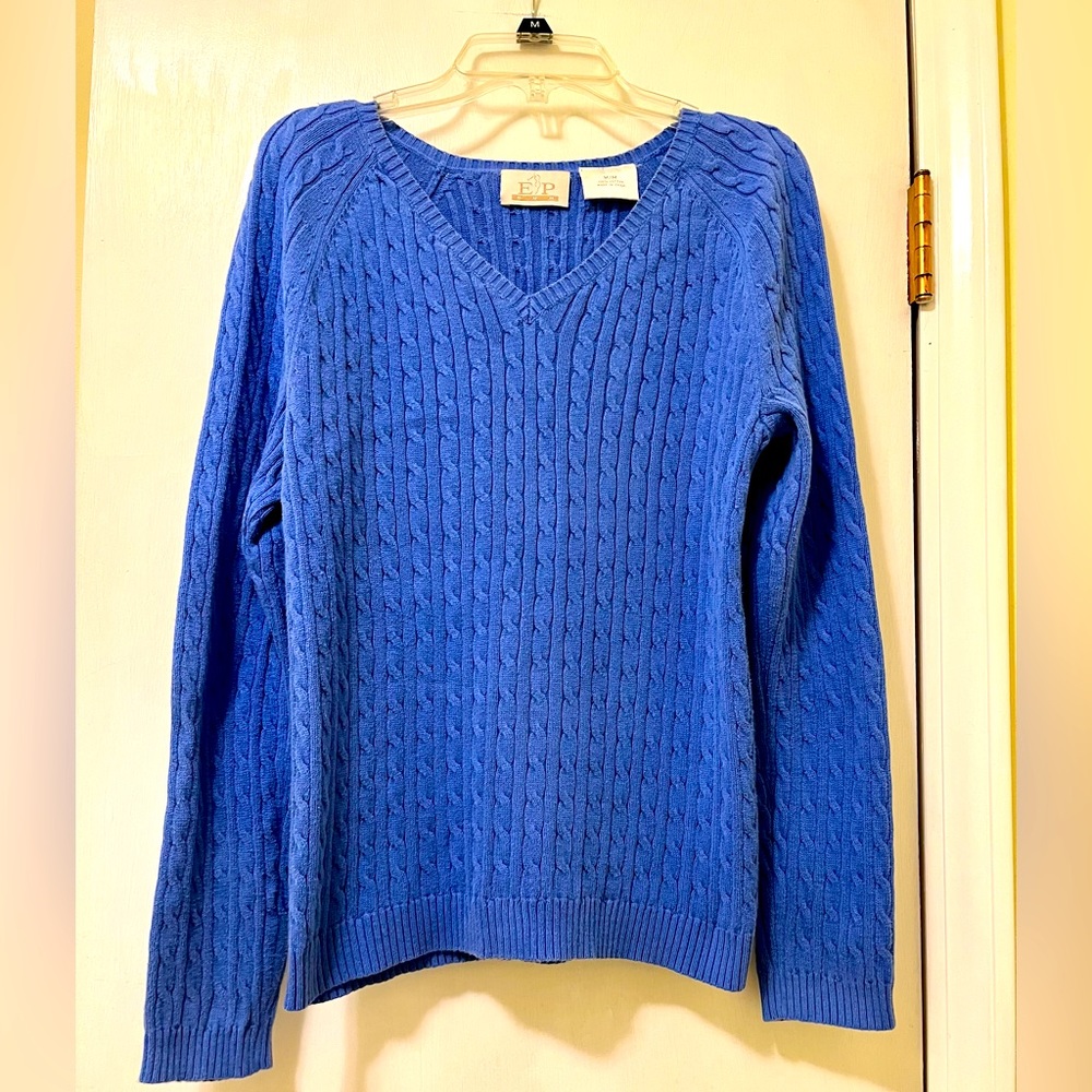 EP Pro cable knit blue V Neck Preppy sweater Pullover 100% cotton Size Medium